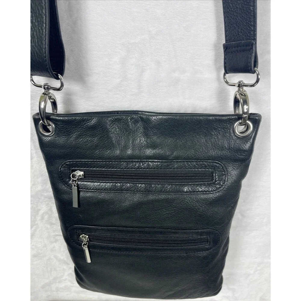 Margot Genuine Leather Crossbody Purse Zippered Pockets Black - Picture 1 of 11